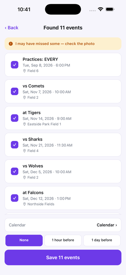 Review screen listing eleven extracted events with dates, times and locations